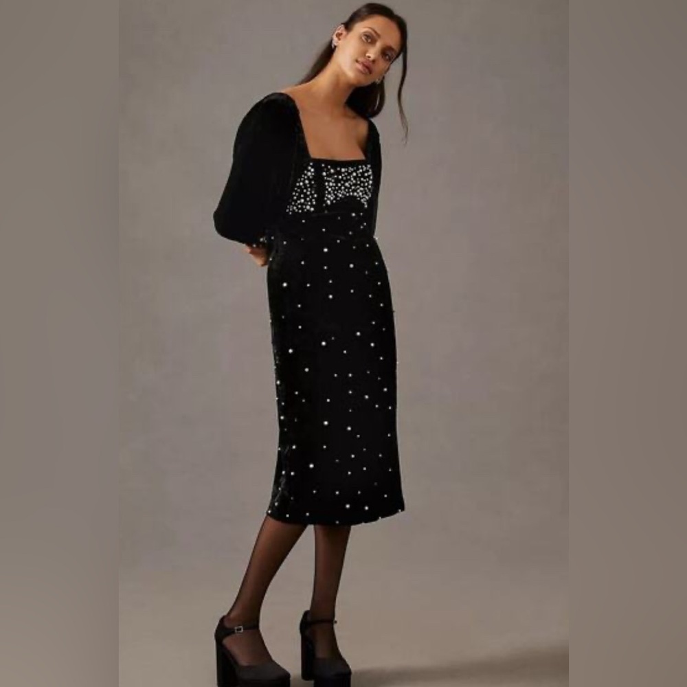 Anthropologie Maeve Embellished Pearl Velvet Dress Size XS Black